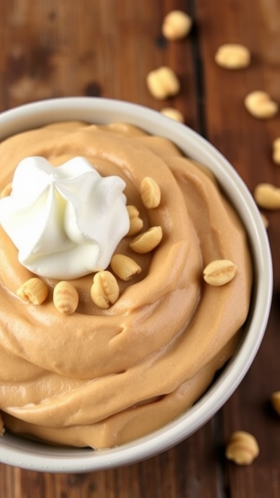 Decadent Keto Peanut Butter Mousse Recipe Delicious keto peanut butter mousse in a bowl, topped with whipped cream and crushed peanuts on a wooden table.